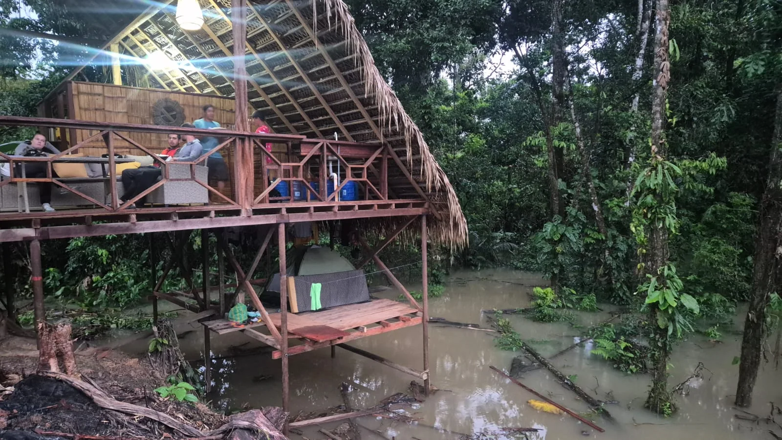 Wooden riverside shelter surrounded by dense green forest